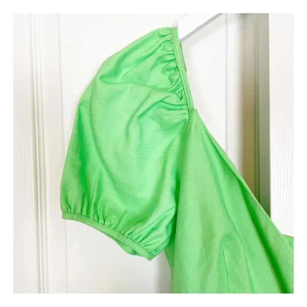 J. Crew Lime Green V-neck Midi Dress Puff Sleeve Linen Blend NWT Sz 4